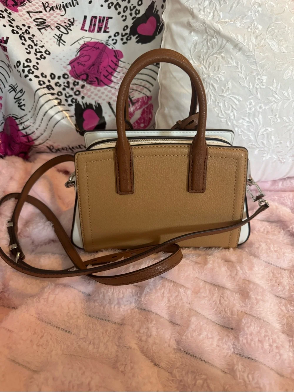 Michael Kors Two-Tone Tan and White Leather Satchel Smal